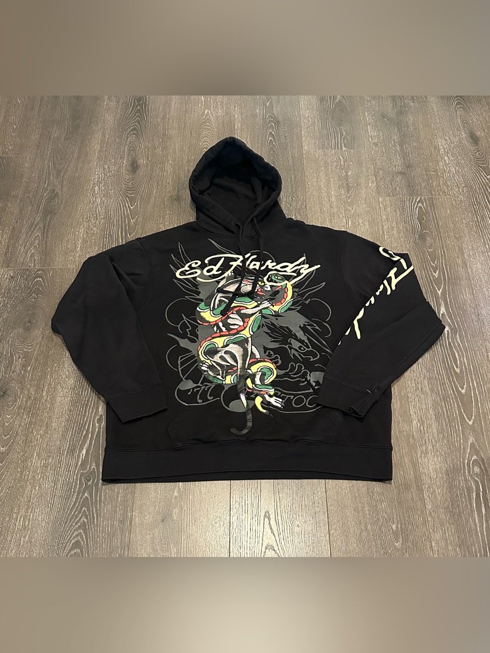 Ed Hardy Black Hoodie with Multicolor Snake Dragon Graphic Mens Sz XL